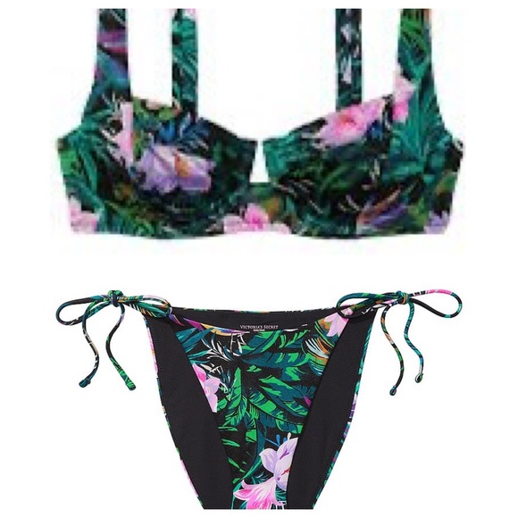New! Set! Victoria's Secret Black Palm Bikini Set 45568 - Picture 1 of 14